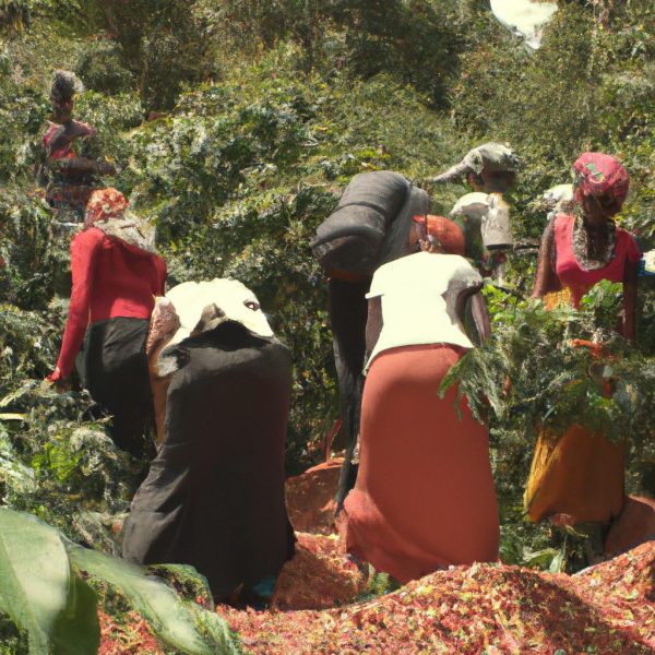 so many Ethiopian women picking coffee beans from coffee trees